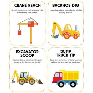 May include: Four illustrated cards with construction vehicles and exercise instructions. The cards feature a crane, backhoe, excavator, and dump truck. Each card has a title and a short description of the exercise.