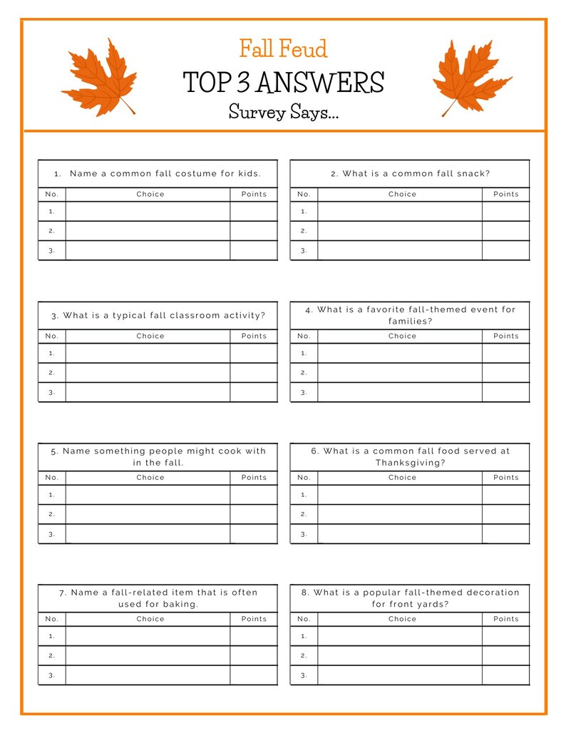 Printable Fall Family Feud Game - 26 Pages Perfect for Fall Party ...