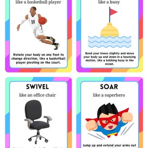 May include: Four flashcards with colorful borders. The cards display the words PIVOT, BOB, SWIVEL, and SOAR, each with an illustration and a brief description. The PIVOT card shows a basketball player. The BOB card shows a buoy. The SWIVEL card shows an office chair. The SOAR card shows a superhero.