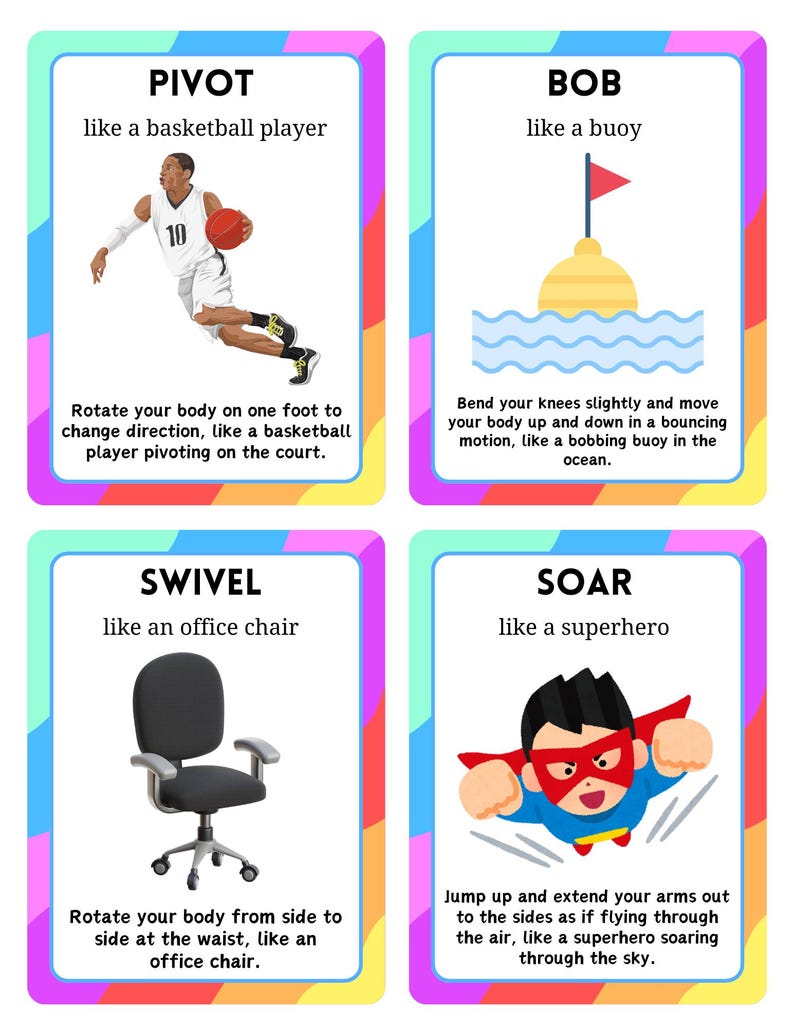 May include: Four flashcards with colorful borders. The cards display the words PIVOT, BOB, SWIVEL, and SOAR, each with an illustration and a brief description. The PIVOT card shows a basketball player. The BOB card shows a buoy. The SWIVEL card shows an office chair. The SOAR card shows a superhero.