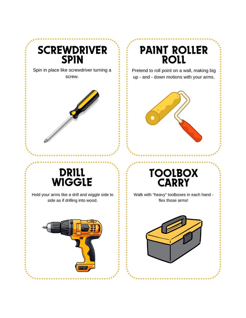 May include: Four illustrated cards with instructions for physical activities. The cards feature a screwdriver, paint roller, drill, and toolbox. Each card has a title and a brief description of the activity, such as "Screwdriver Spin" and "Toolbox Carry."