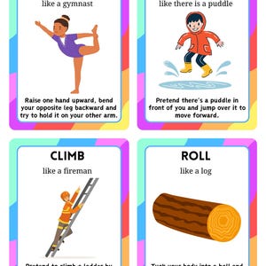 May include: Four colorful educational cards with illustrations and text. The cards show actions: bend, jump, climb, and roll. Each card has a different border color and a description of the action.