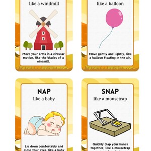 Puede incluir: Cuatro tarjetas educativas con ilustraciones y texto. Las tarjetas presentan las palabras "TILT", "FLOAT", "NAP" y "SNAP", cada una acompa&ntilde;ada de una representaci&oacute;n visual y una breve descripci&oacute;n de la acci&oacute;n.