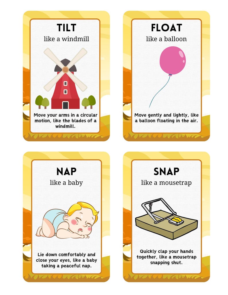 Puede incluir: Cuatro tarjetas educativas con ilustraciones y texto. Las tarjetas presentan las palabras "TILT", "FLOAT", "NAP" y "SNAP", cada una acompa&ntilde;ada de una representaci&oacute;n visual y una breve descripci&oacute;n de la acci&oacute;n.
