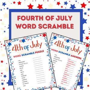 May include: Two word scramble puzzles for the Fourth of July. The puzzles are decorated with red, white, and blue stars and the text "4th of July" in a patriotic font. One puzzle is labeled "Word Scramble Puzzle" and the other is labeled "Word Scramble Answers".