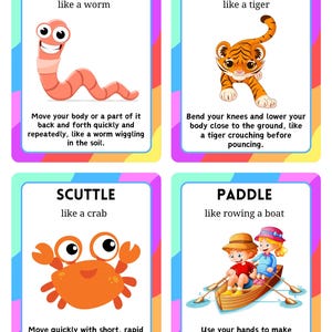 May include: Four colorful educational cards with illustrations and text. The cards teach actions: wiggle like a worm, crouch like a tiger, scuttle like a crab, and paddle like rowing a boat. Each card has a different colorful border.