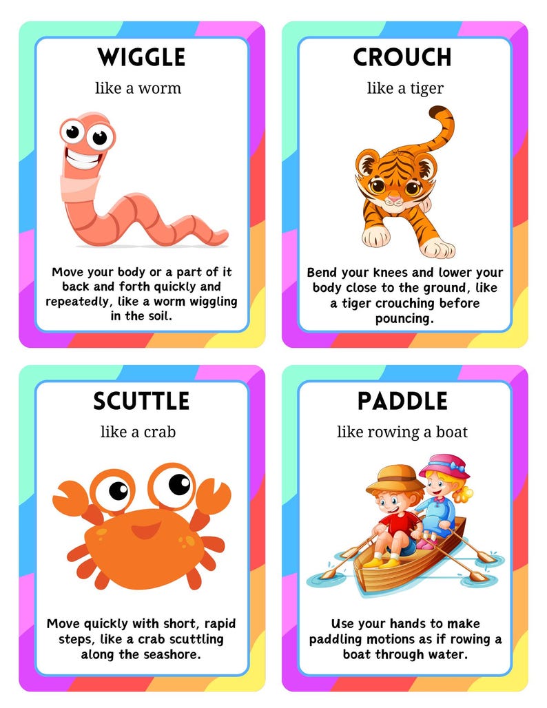May include: Four colorful educational cards with illustrations and text. The cards teach actions: wiggle like a worm, crouch like a tiger, scuttle like a crab, and paddle like rowing a boat. Each card has a different colorful border.