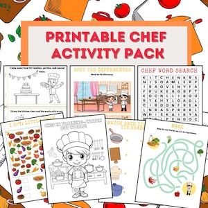 Puede incluir: Un paquete de actividades de chef imprimible con varios juegos y rompecabezas. El paquete incluye una búsqueda de palabras, un laberinto, un juego de "Veo, veo" y una actividad de diferencias. El texto "PRINTABLE CHEF ACTIVITY PACK" está presente.