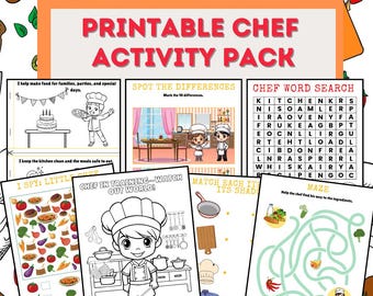 May include: A printable chef activity pack with various games and puzzles. The pack includes a word search, maze, I Spy game, and spot the difference activity. The cover features the text "PRINTABLE CHEF ACTIVITY PACK".