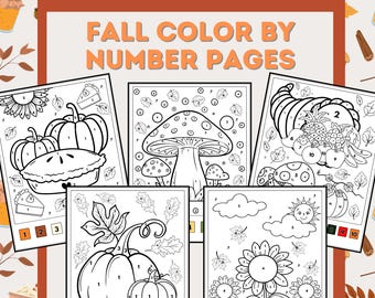 15 Fall Color by Number Printable Coloring Pages, Autumn Activity Worksheets for Kids
