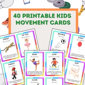 May include: A set of colorful printable kids' movement cards. Each card features a different action, such as "Sprint," "Tip Toe," and "Bounce," with illustrations and instructions. The cards are designed for children's physical activity.