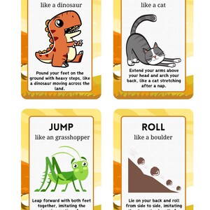 Puede incluir: Cuatro tarjetas ilustradas con instrucciones de ejercicios. Las tarjetas presentan un dinosaurio, un gato, un saltamontes y rocas rodantes. Cada tarjeta tiene un t&iacute;tulo y una descripci&oacute;n del ejercicio, como "Pisotear como un dinosaurio."