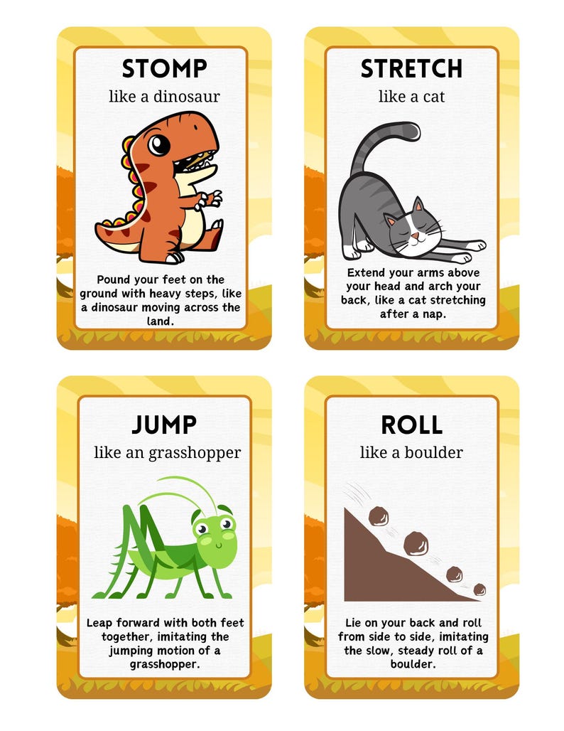 Puede incluir: Cuatro tarjetas ilustradas con instrucciones de ejercicios. Las tarjetas presentan un dinosaurio, un gato, un saltamontes y rocas rodantes. Cada tarjeta tiene un t&iacute;tulo y una descripci&oacute;n del ejercicio, como "Pisotear como un dinosaurio."