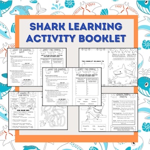 Könnte beinhalten: Ein Aktivitätsheft zum Thema Haie mit dem Titel "SHARK LEARNING ACTIVITY BOOKLET" in blauer Schrift. Das Heft enthält Lehrseiten mit Fakten, Quizfragen und Ausmalbildern über Haie. Der Hintergrund zeigt ein Muster aus blauen und weißen Meeresbewohnern.