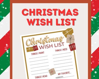 Op de afbeelding: Een afdrukbare kerstwensenlijst met een bruine rand. De woorden "CHRISTMAS WISH LIST" zijn rood. De lijst bevat secties voor "THINGS I WANT", "THINGS I NEED", "THINGS I READ" en "MY FAVORITE..."