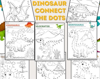 May include: A set of dinosaur-themed connect-the-dot activity sheets. Each sheet features a different dinosaur, such as a Pterodactyl, Stegosaurus, Velociraptor, and Brontosaurus. The title "DINOSAUR CONNECT THE DOTS" is displayed in large yellow letters.