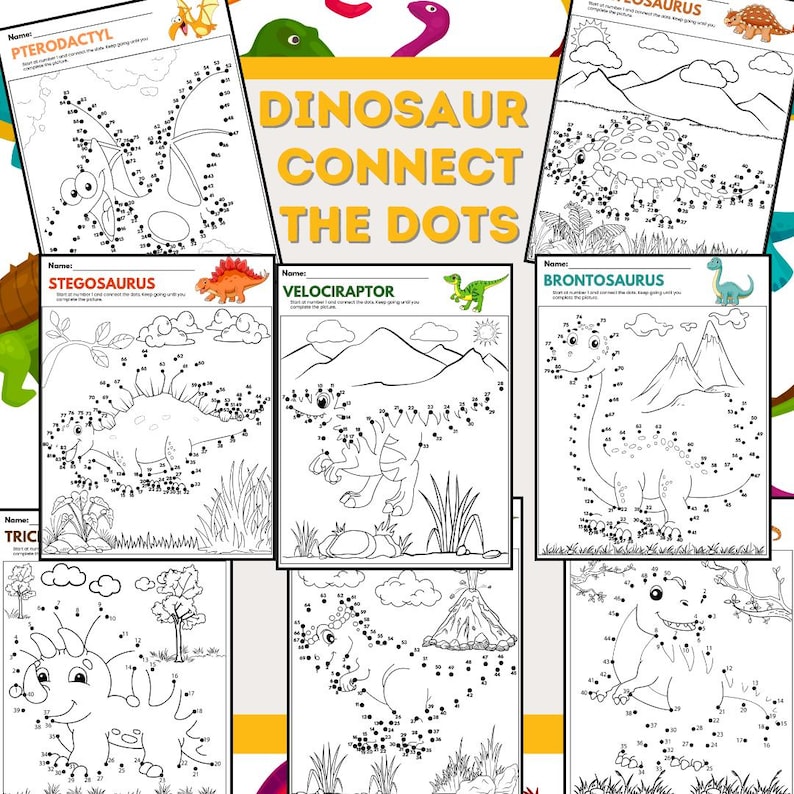 10 Printable Connect the Dots Dinosaur Coloring Pages - Etsy