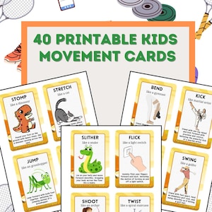 Puede incluir: Juego de 40 tarjetas imprimibles de movimiento para ni&ntilde;os. Cada tarjeta presenta una ilustraci&oacute;n e instrucciones para un movimiento espec&iacute;fico, como "Pisotear como un dinosaurio" o "Balancearse como un golfista".