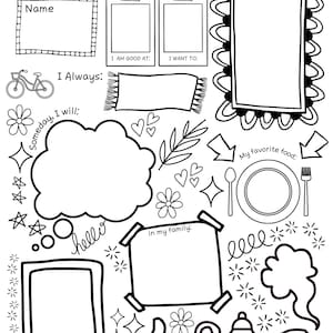May include: A black and white printable worksheet labelled "FABULOUS ME!" with spaces to fill in personal details. Features illustrations of a bicycle, flowers, and a genie lamp. Includes sections for "Name," "I Love to," and "I wish."