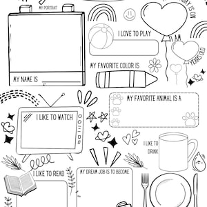 May include: Black and white "All About Me" printable worksheet. Includes spaces to write about favourite things, draw a portrait, and answer questions. Features a TV, book, crayon, and other illustrations.