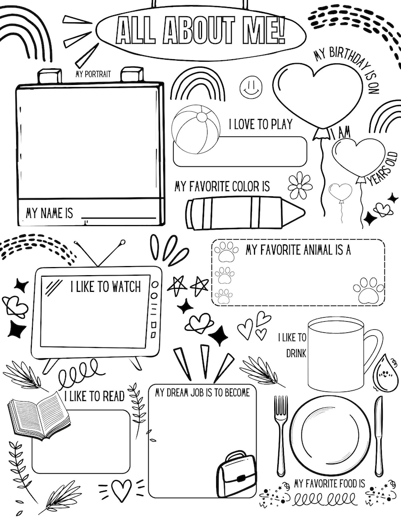 May include: Black and white "All About Me" printable worksheet. Includes spaces to write about favourite things, draw a portrait, and answer questions. Features a TV, book, crayon, and other illustrations.