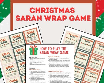 Könnte beinhalten: Ein druckbares Weihnachts-Saran-Wrap-Spiel mit Anweisungen, wie man spielt. Das Spiel enthält Challenge-Karten und Kohle-Karten. Die Challenge-Karten haben Anweisungen wie "Sing ein Lied aus deinem Lieblings-Weihnachtslied" und "Entpacke mit einer Hand für den Rest deines Zuges". Die Kohle-Karten haben Anweisungen wie "Überspringe deinen Zug" und "Gib den Ball an die Person rechts von dir".