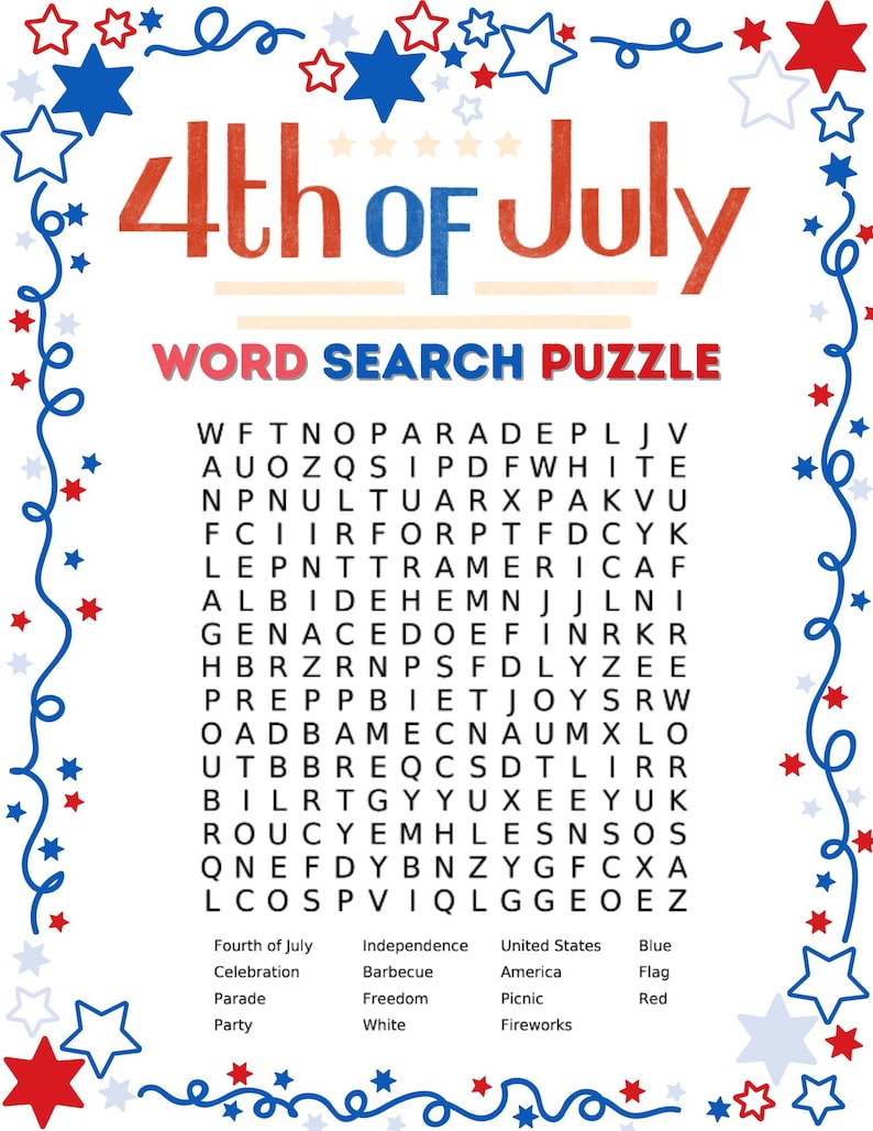 Printable Fourth of July Word Search Puzzle Complete With Answer Key - Etsy