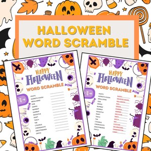 Pode incluir: Duas folhas de jogo de palavras cruzadas com tema de Halloween com gráficos laranja e roxos. As folhas apresentam o texto "Happy Halloween Word Scramble" e incluem palavras relacionadas ao Halloween para decifrar. O fundo tem ilustrações temáticas de Halloween.