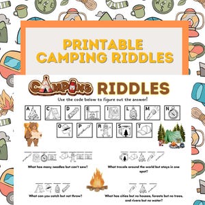 Peut inclure: Feuille de devinettes de camping imprimable avec une bordure décorative d'illustrations sur le thème du camping. La feuille contient le texte "Printable Camping Riddles" et "Camping Riddles" avec un code pour résoudre les énigmes.