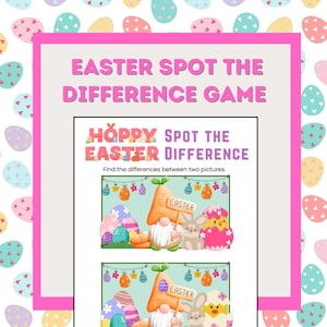 Puede incluir: Un juego de diferencias para imprimir con temática de Pascua que presenta un gnomo, un conejito y un pollito. El juego tiene dos imágenes con diferencias sutiles. El texto del juego dice "Hoppy Easter Spot the Difference".