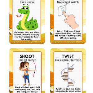 Puede incluir: Cuatro tarjetas educativas con ilustraciones e instrucciones. Las tarjetas presentan las palabras "SLITHER", "FLICK", "SHOOT" y "TWIST". Cada tarjeta tiene una actividad diferente, como imitar a una serpiente o a un arquero.