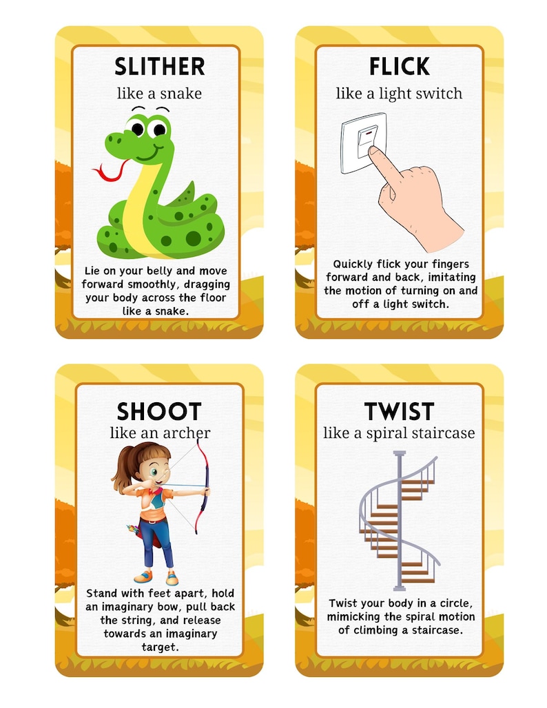 Puede incluir: Cuatro tarjetas educativas con ilustraciones e instrucciones. Las tarjetas presentan las palabras "SLITHER", "FLICK", "SHOOT" y "TWIST". Cada tarjeta tiene una actividad diferente, como imitar a una serpiente o a un arquero.