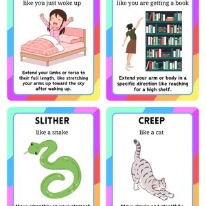 May include: Four colorful flashcards with illustrations and text. The cards show actions: stretch, reach, slither, and creep. Each card has a different background color and a white border. The text describes the actions.