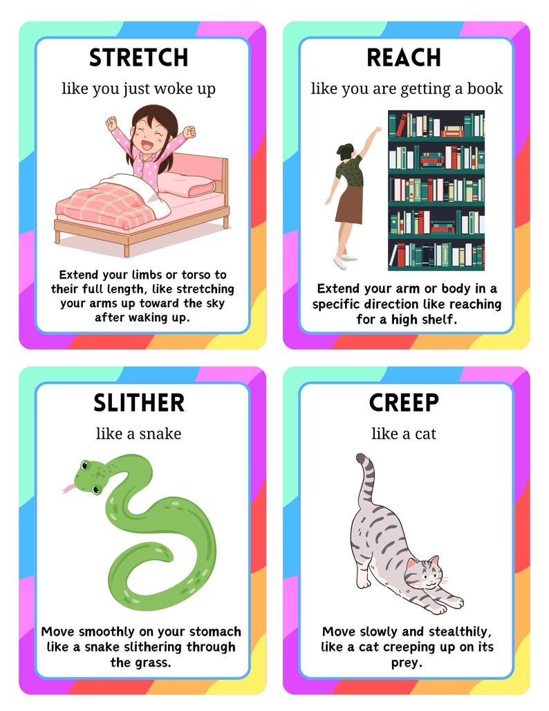 May include: Four colorful flashcards with illustrations and text. The cards show actions: stretch, reach, slither, and creep. Each card has a different background color and a white border. The text describes the actions.