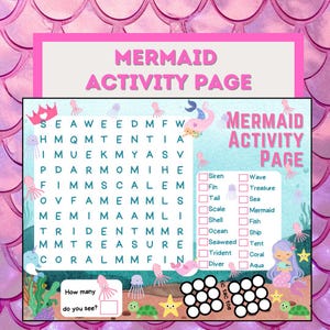 Printable Mermaid Activity Sheet - Includes Counting, Tic Tac Toe, Mermaid Word Search