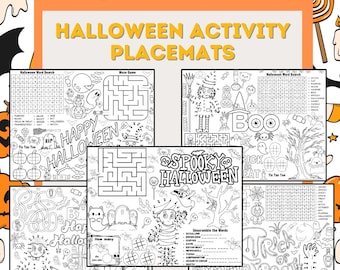 May include: Halloween activity placemats with word searches, mazes, and other games. The placemats feature Halloween-themed illustrations and text, including "Happy Halloween" and "Trick or Treat". The placemats are designed for coloring.