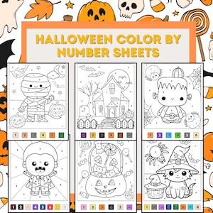 May include: Halloween-themed color-by-number sheets featuring various spooky characters and scenes. The sheets include a mummy, haunted house, Frankenstein's monster, vampire, candy-filled jack-o'-lantern, and a witch cat. Each image has numbered sections for coloring.