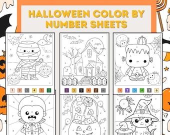 May include: Halloween-themed color-by-number sheets featuring various spooky characters and scenes. The sheets include a mummy, haunted house, Frankenstein's monster, vampire, candy-filled jack-o'-lantern, and a witch cat. Each image has numbered sections for coloring.