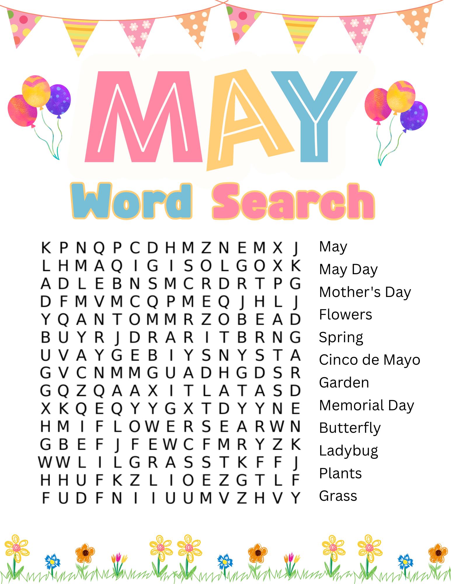 Printable May Word Search Puzzle With Answer Key - Etsy