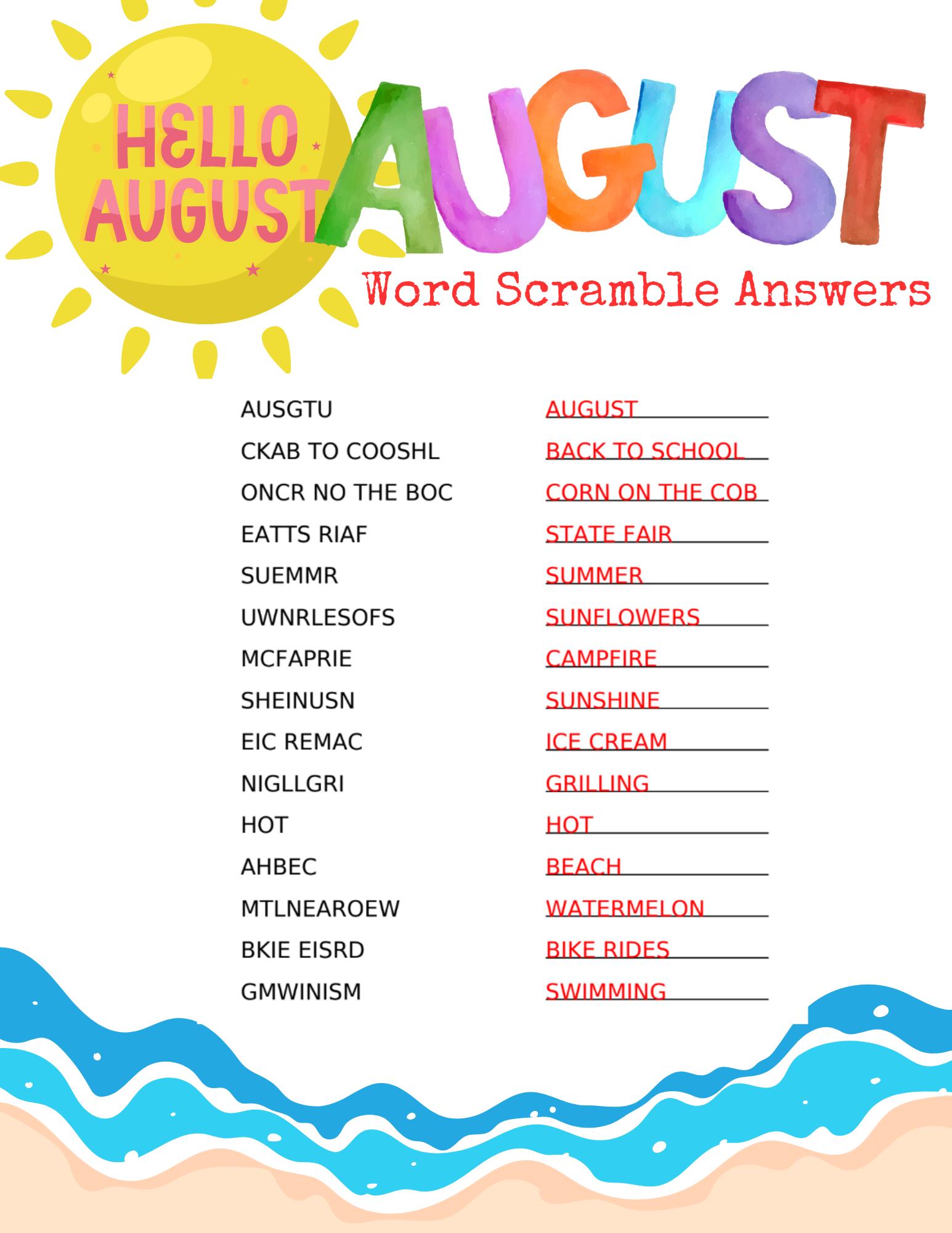Keys August Printable August Word Scramble With Answer Key - Etsy