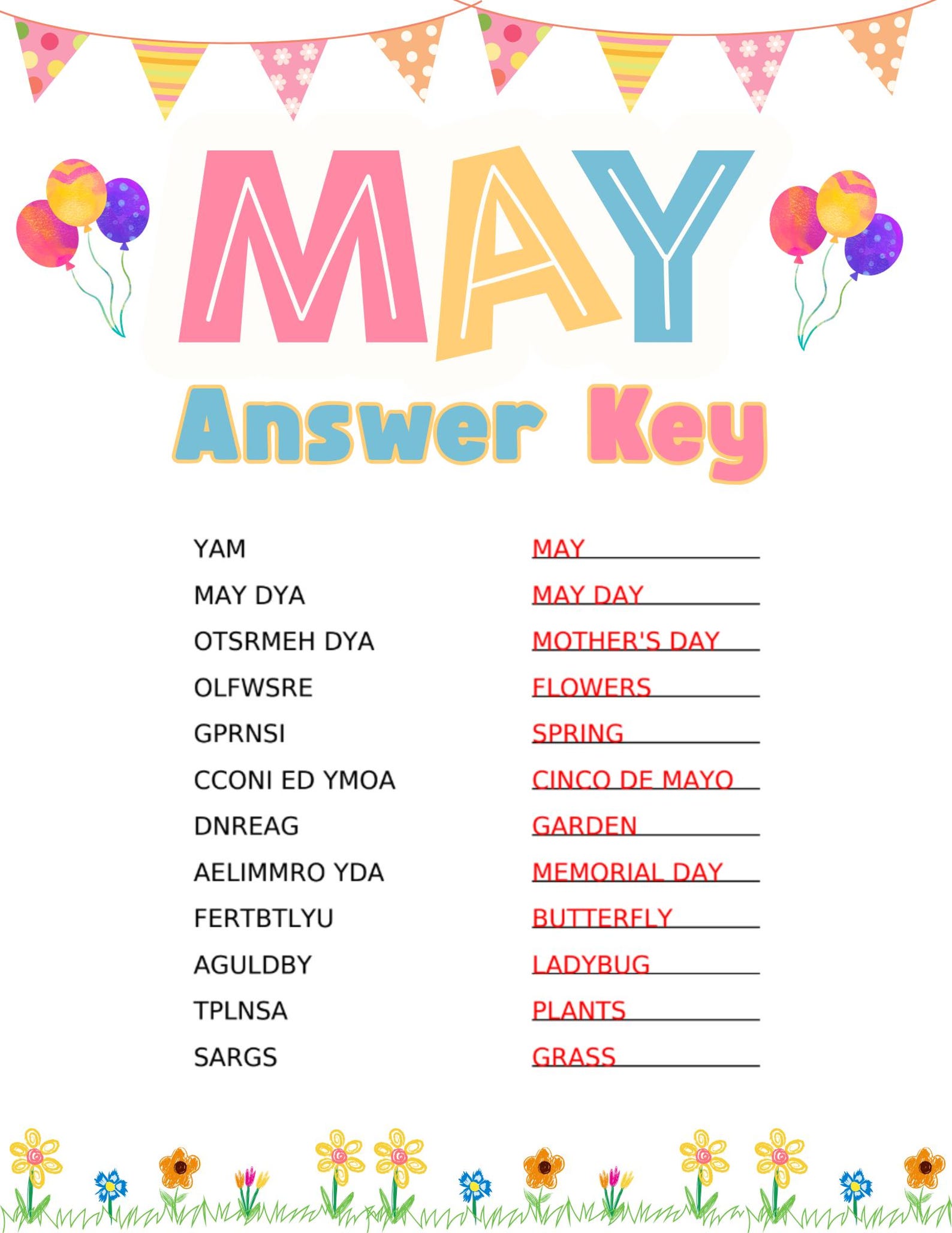 Printable May Word Scramble Puzzle With Answer Key - Etsy