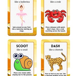 Puede incluir: Cuatro tarjetas con ilustraciones y texto. Las tarjetas presentan una bailarina, un cangrejo, un caracol y un guepardo. Cada tarjeta tiene una palabra y una descripci&oacute;n de c&oacute;mo moverse como el animal. Las palabras son: TWIRL, SCUTTLE, SCOOT y DASH.