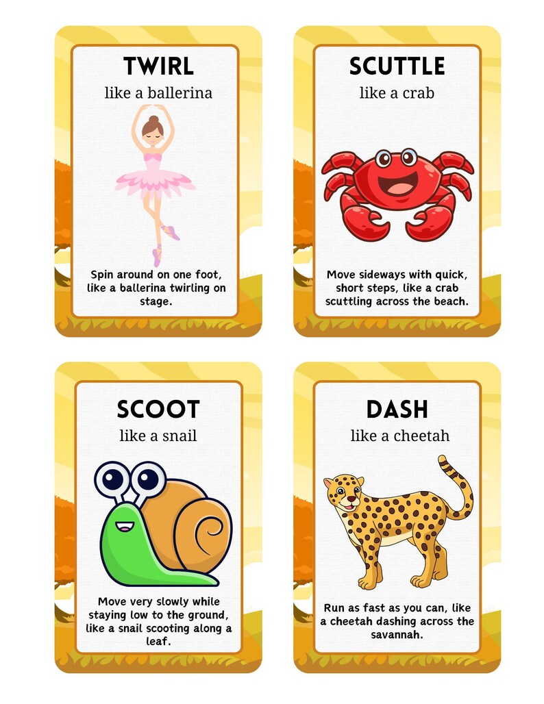 Puede incluir: Cuatro tarjetas con ilustraciones y texto. Las tarjetas presentan una bailarina, un cangrejo, un caracol y un guepardo. Cada tarjeta tiene una palabra y una descripci&oacute;n de c&oacute;mo moverse como el animal. Las palabras son: TWIRL, SCUTTLE, SCOOT y DASH.