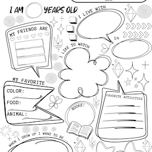 May include: Black and white fill-in activity sheet titled "ALL ABOUT" with spaces for personal information. Includes areas for favourite things, friends, and dreams. Features decorative doodles and text boxes for writing.