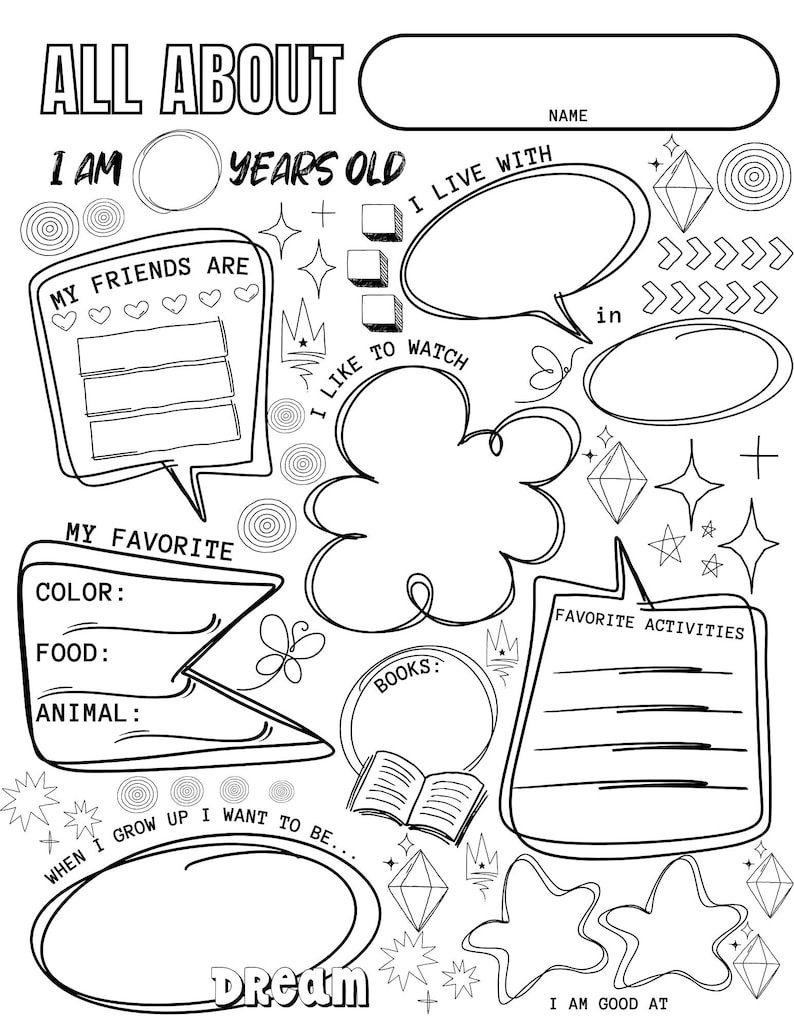 May include: Black and white fill-in activity sheet titled "ALL ABOUT" with spaces for personal information. Includes areas for favourite things, friends, and dreams. Features decorative doodles and text boxes for writing.