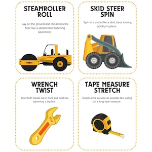 May include: Four illustrated exercise cards with yellow borders. The cards show a steamroller, skid steer, wrench, and tape measure. Each card has a title and a brief description of the exercise.