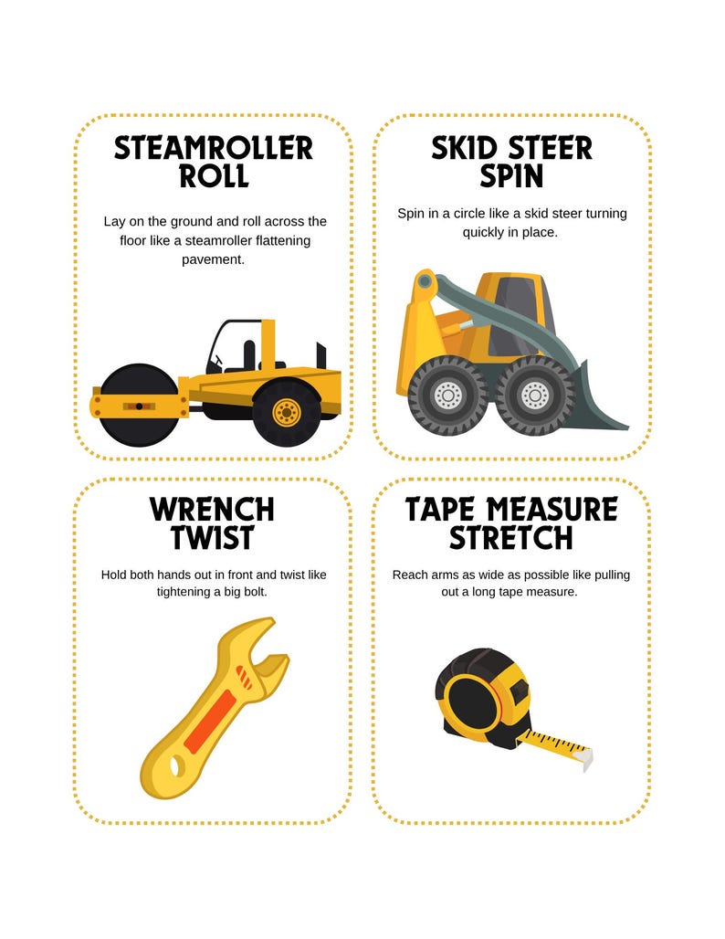May include: Four illustrated exercise cards with yellow borders. The cards show a steamroller, skid steer, wrench, and tape measure. Each card has a title and a brief description of the exercise.