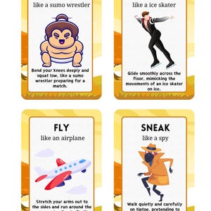 Puede incluir: Cuatro tarjetas ilustradas con instrucciones para actividades f&iacute;sicas: sentadilla como un luchador de sumo, deslizarse como un patinador art&iacute;stico, volar como un avi&oacute;n y escabullirse como un esp&iacute;a. Cada tarjeta tiene un borde amarillo.