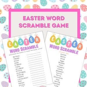May include: A printable Easter word scramble game with two pages. The first page has a list of scrambled words related to Easter. The second page has the answer key with the unscrambled words.