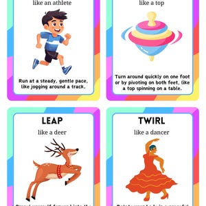 May include: Four colorful flashcards with illustrations and text describing physical actions. The cards show a boy jogging, a spinning top, a deer leaping, and a dancer twirling. Each card has a different colored border and text describing the action.